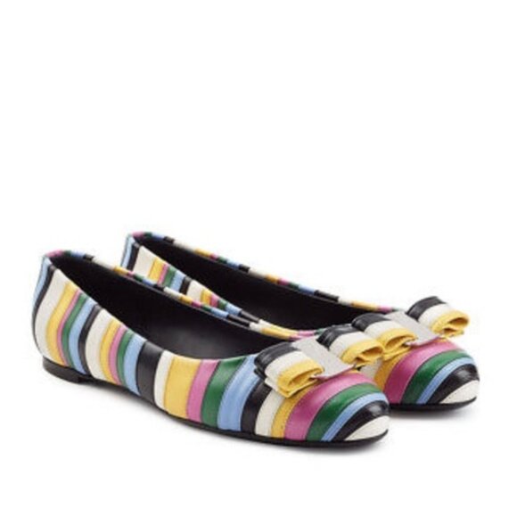 Salvatore Ferragamo Varina Rainbow Stripe Flats Bow Logo - Picture 2 of 13